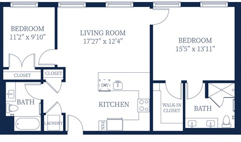 Floor plan for 2 beds, 2 baths, 1114 sqft